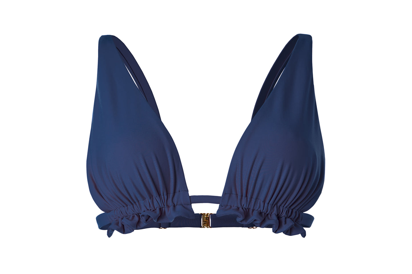 Entdecke den Bikini-Top Blossom in marineblau. Die markanten Rüschen-Details unter der Brust verleihen diesem Top eine einzigartige Note. Die Anpassbarkeit ist ein Highlight – die Rüschen können nach Belieben stärker gerafft oder weiter gestreckt werden. Bei stärkerer Raffung wird die Brust betont, während die Streckung ausreichend Raum für eine größere Brust schafft. Dieses Bikini-Top bietet Komfort ohne Polster, Bügel oder seitliche Formstäbchen