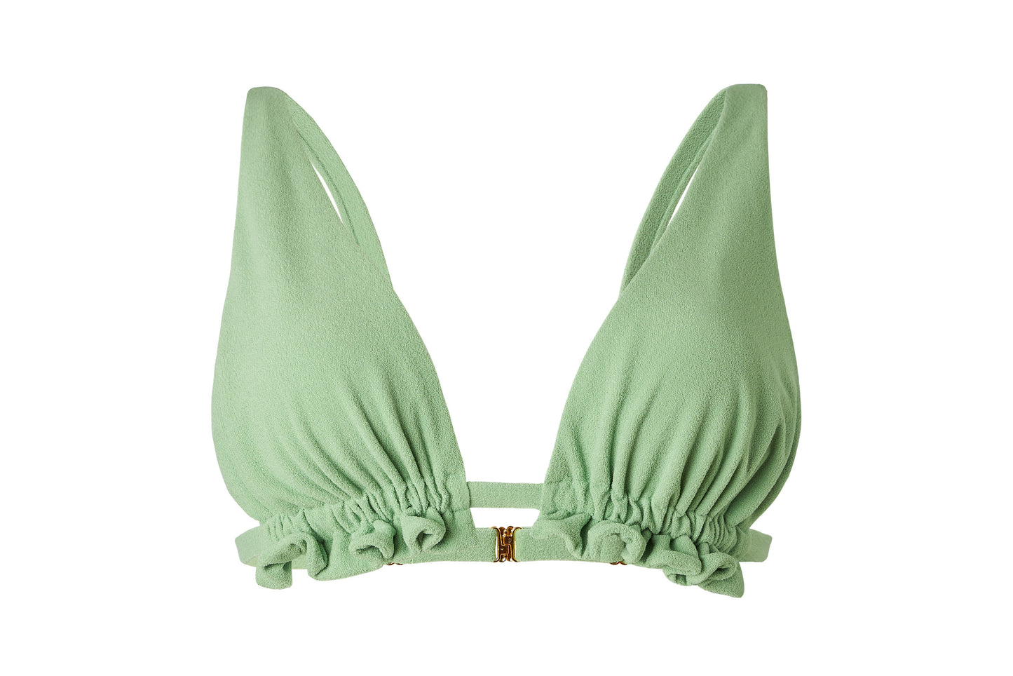 Entdecke den Bikini-Top Blossom in strahlendem Hellgrün. Die markanten Rüschen-Details unter der Brust verleihen diesem Top eine einzigartige Note. Die Anpassbarkeit ist ein Highlight – die Rüschen können nach Belieben stärker gerafft oder weiter gestreckt werden. Bei stärkerer Raffung wird die Brust betont, während die Streckung ausreichend Raum für eine größere Brust schafft. Dieses Bikini-Top bietet Komfort ohne Polster, Bügel oder seitliche Formstäbchen.